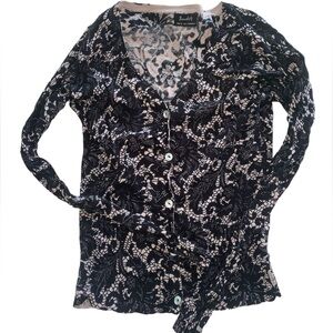 Black & Beige Lace Print Cardigan With White Pearl Buttons